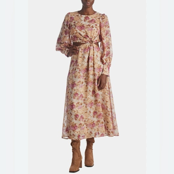 EN‎ SAISON Beige and pink floral Boho cutout balloon sleeve maxi dress size M - Picture 1 of 16